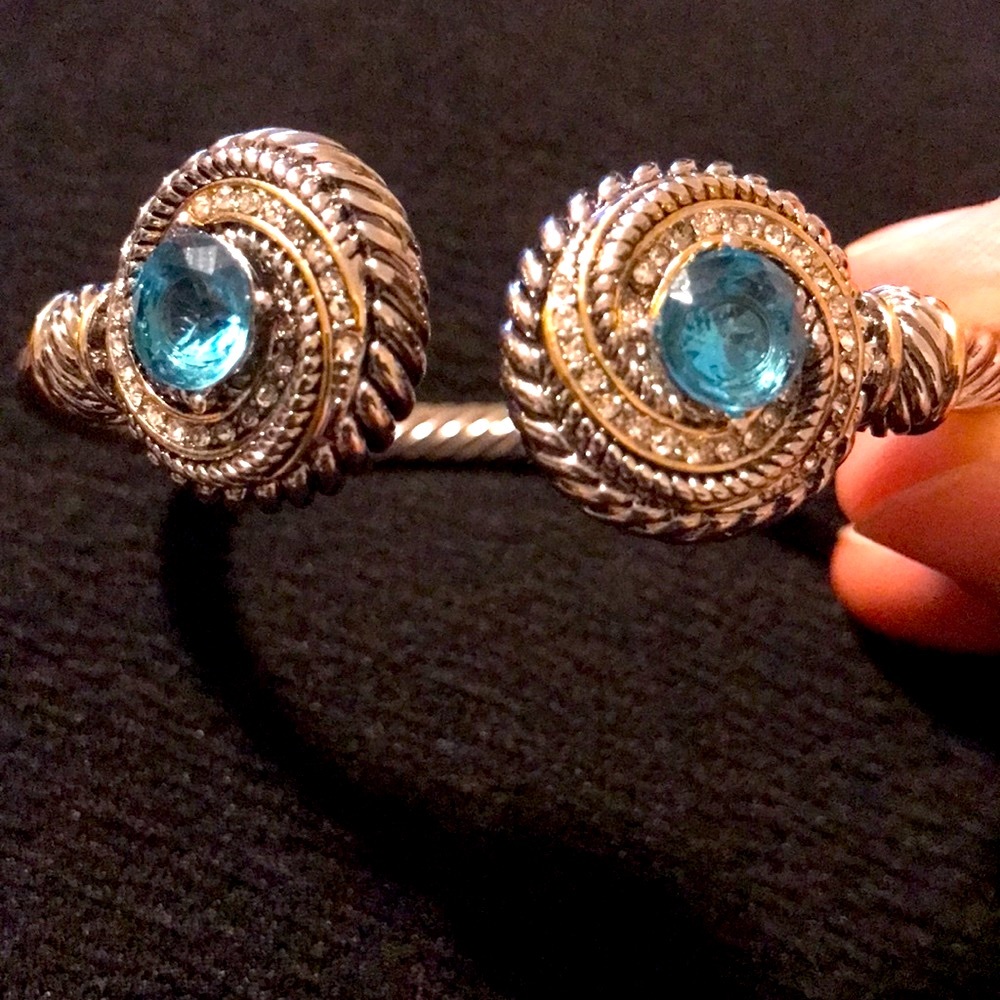 NEW Two tone bangle with CZ and aquamarine stone